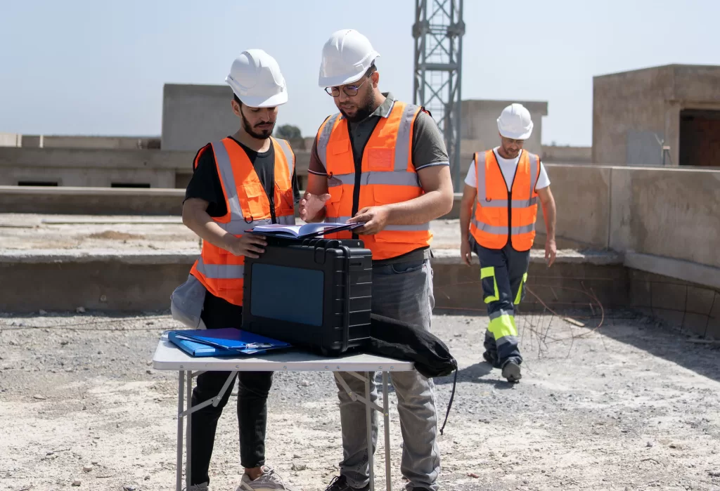 men with safety gear on building site discussing plans